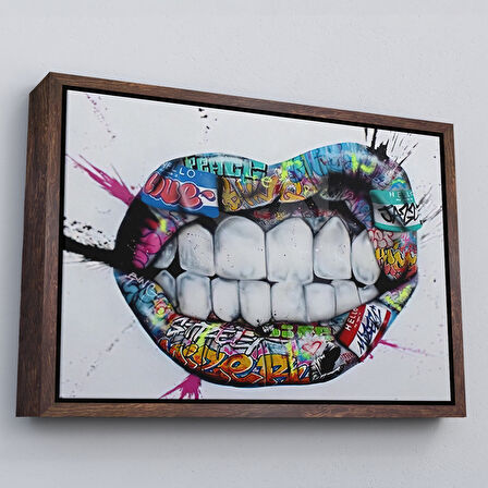 Beyaz Çerçeveli Renkli Dudak Graffiti Kanvas Tablo, Banksy Sokak Sanatı
