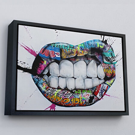 Beyaz Çerçeveli Renkli Dudak Graffiti Kanvas Tablo, Banksy Sokak Sanatı