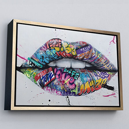 Beyaz Çerçeveli Dudak ve Diş Kanvas Tablo, Banksy Dudaklar Sokak Graffiti Sanatı Kanvas Tablo