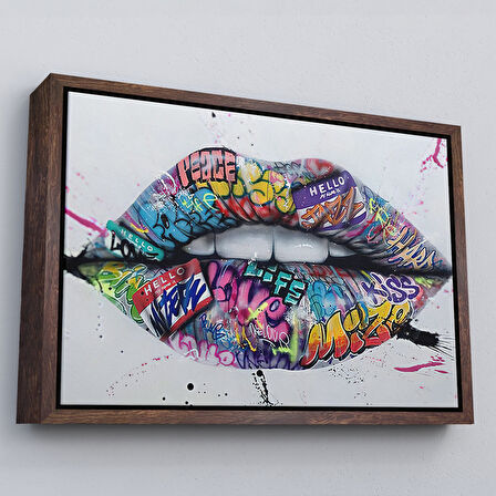 Beyaz Çerçeveli Dudak ve Diş Kanvas Tablo, Banksy Dudaklar Sokak Graffiti Sanatı Kanvas Tablo