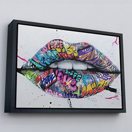 Beyaz Çerçeveli Dudak ve Diş Kanvas Tablo, Banksy Dudaklar Sokak Graffiti Sanatı Kanvas Tablo