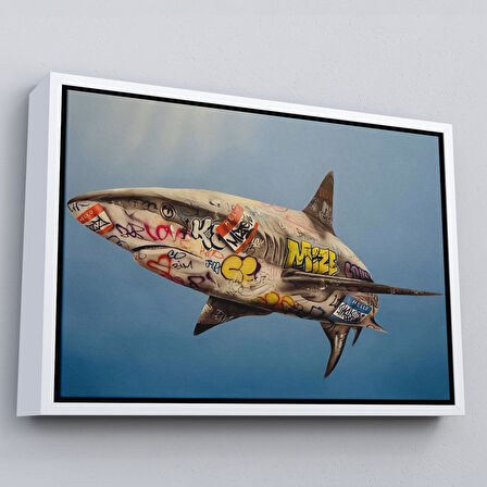 Altın Çerçeveli Graffiti Köpek Balığı Kanvas, Pop Art Tablo