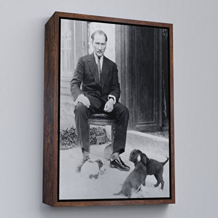 Kahverengi Çerçeveli Atatürk Portre Tablosu Mustafa Kemal Atatürk Dikdörtgen Dekoratif Kanvas Tablo