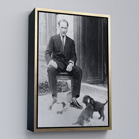 Kahverengi Çerçeveli Atatürk Portre Tablosu Mustafa Kemal Atatürk Dikdörtgen Dekoratif Kanvas Tablo