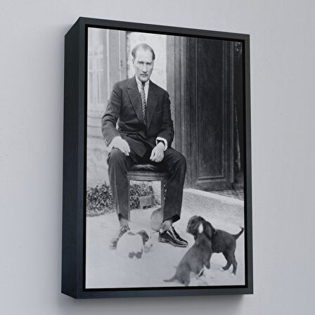Kahverengi Çerçeveli Atatürk Portre Tablosu Mustafa Kemal Atatürk Dikdörtgen Dekoratif Kanvas Tablo