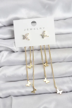 Kelebek Model Gold Renk Pirinç Sallantılı Kadın Küpe 5886