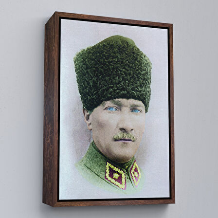 Kahverengi Çerçeveli Atatürk Portre Tablosu Mustafa Kemal Atatürk Dikdörtgen Dekoratif Kanvas Tablo