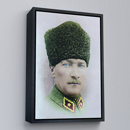Kahverengi Çerçeveli Atatürk Portre Tablosu Mustafa Kemal Atatürk Dikdörtgen Dekoratif Kanvas Tablo