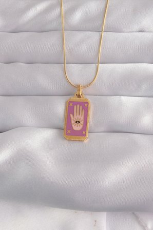 316L Çelik Gold Renk Mor Mineli El Figür Tarot Kolye 5886