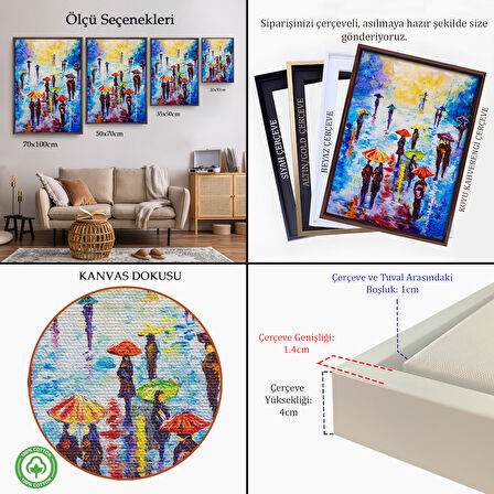 Altın Çerçeveli Renkli Şemsiyeli İnsanlar Tablosu