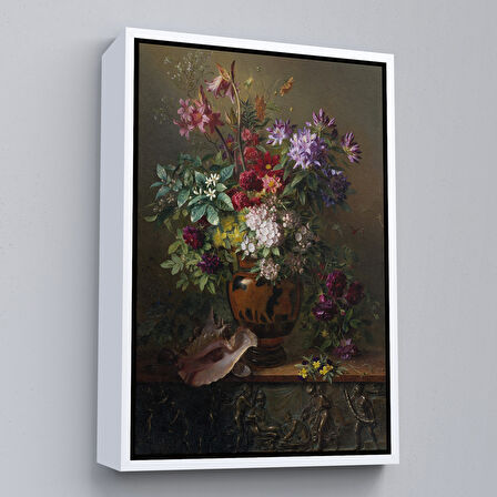 Beyaz Çerçeveli Vazodaki Renkli Çiçekler Tablosu