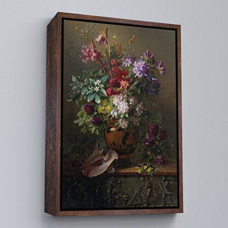 Beyaz Çerçeveli Vazodaki Renkli Çiçekler Tablosu