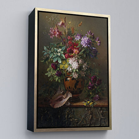 Beyaz Çerçeveli Vazodaki Renkli Çiçekler Tablosu
