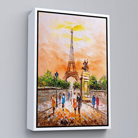 Beyaz Çerçeveli Eyfel Kulesi Manzaralı Yağlıboya Görünüm Dekoratif Kanvas Duvar Tablosu