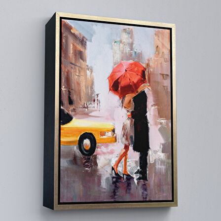 Altın Çerçeveli Kavuşan Aşıklar Yağlıboya Görünüm Dekoratif Kanvas Duvar Tablosu