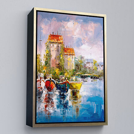 Beyaz Çerçeveli Liman Manzarası Yağlıboya Görünüm Dekoratif Kanvas Duvar Tablosu