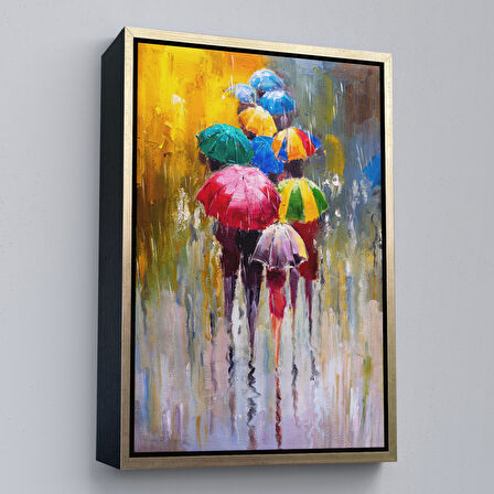 Kahverengi Çerçeveli Renkli Şemsiyeler Yağlıboya Görünüm Dekoratif Kanvas Duvar Tablosu