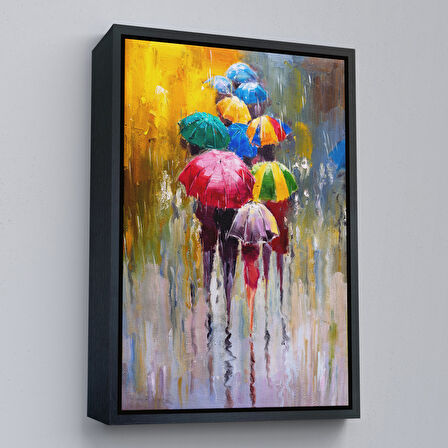 Kahverengi Çerçeveli Renkli Şemsiyeler Yağlıboya Görünüm Dekoratif Kanvas Duvar Tablosu