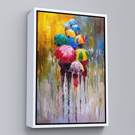 Kahverengi Çerçeveli Renkli Şemsiyeler Yağlıboya Görünüm Dekoratif Kanvas Duvar Tablosu