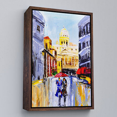 Kahverengi Çerçeveli İtalya Şehir Manzarası Yağlıboya Görünüm Dekoratif Kanvas Duvar Tablosu