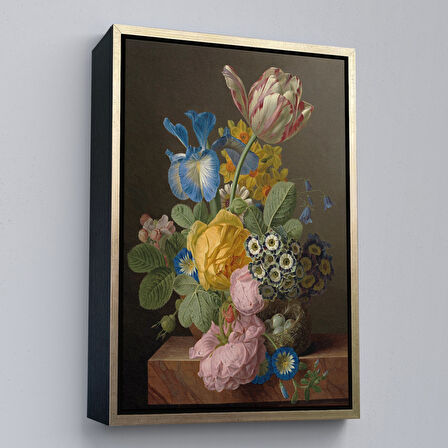 Altın Çerçeveli Güzel Çiçekler Yağlıboya Görünüm Dekoratif Kanvas Duvar Tablosu
