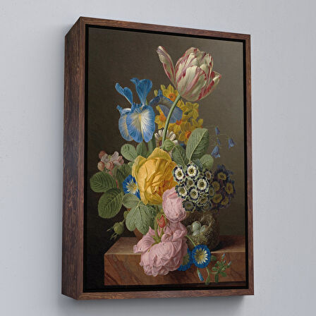 Altın Çerçeveli Güzel Çiçekler Yağlıboya Görünüm Dekoratif Kanvas Duvar Tablosu