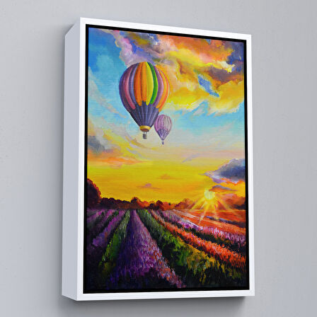 Siyah Çerçeveli Lavanta Bahçesi Üzerinde Uçan Hava Balonu Yağlıboya Görünüm Kanvas Duvar Tablosu