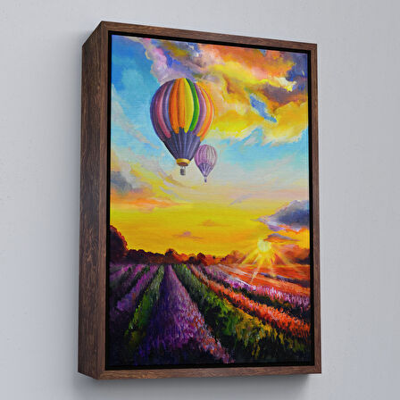 Siyah Çerçeveli Lavanta Bahçesi Üzerinde Uçan Hava Balonu Yağlıboya Görünüm Kanvas Duvar Tablosu