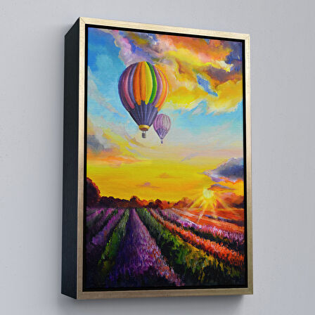 Siyah Çerçeveli Lavanta Bahçesi Üzerinde Uçan Hava Balonu Yağlıboya Görünüm Kanvas Duvar Tablosu