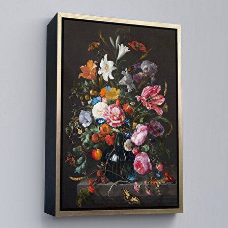 Kahverengi Çerçeveli Renkli Çiçekler Yağlıboya Görünüm Dekoratif Kanvas Duvar Tablosu