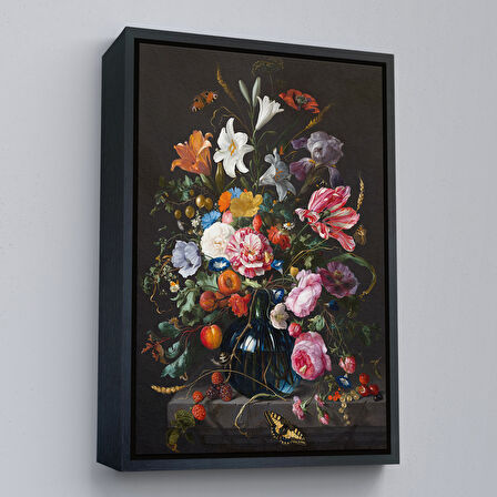 Kahverengi Çerçeveli Renkli Çiçekler Yağlıboya Görünüm Dekoratif Kanvas Duvar Tablosu