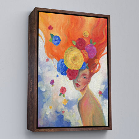 Beyaz Çerçeveli Çiçek Saçlı Kadın Yağlıboya Görünüm Dekoratif Kanvas Duvar Tablosu