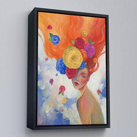Beyaz Çerçeveli Çiçek Saçlı Kadın Yağlıboya Görünüm Dekoratif Kanvas Duvar Tablosu