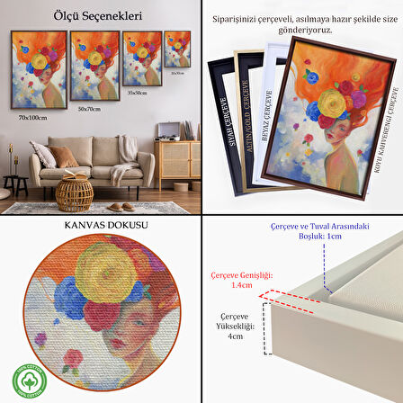 Beyaz Çerçeveli Çiçek Saçlı Kadın Yağlıboya Görünüm Dekoratif Kanvas Duvar Tablosu