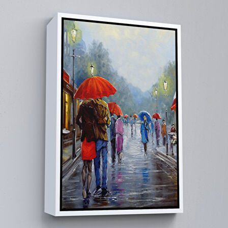 Altın Çerçeveli Yağmurda Yürüyen Romantik Çift Yağlıboya Görünüm Dekoratif Kanvas Duvar Tablosu