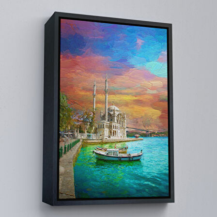 Siyah Çerçeveli Ortaköy Cami Ve Boğaz Köprüsü Yağlıboya Görünüm Kanvas Duvar Tablosu