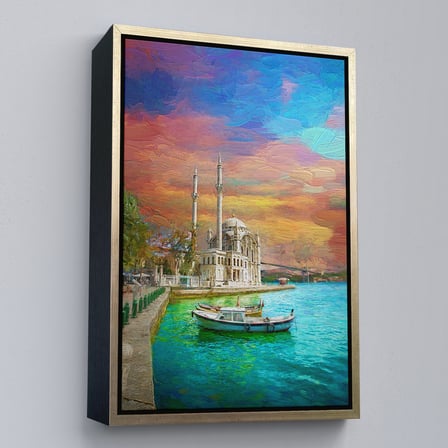 Beyaz Çerçeveli Ortaköy Cami Ve Boğaz Köprüsü Yağlıboya Görünüm Kanvas Duvar Tablosu