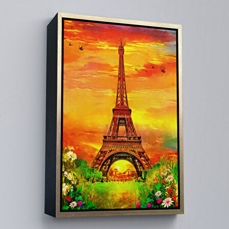 Altın Çerçeveli Eyfel Kulesi Yağlıboya Görünüm Dekoratif Kanvas Duvar Tablosu