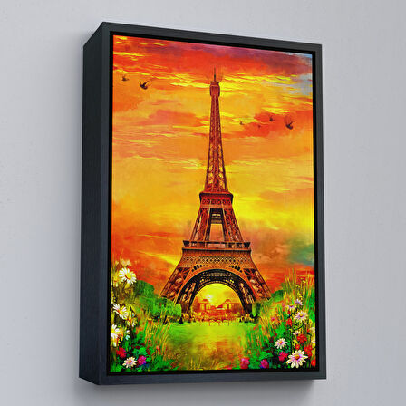 Altın Çerçeveli Eyfel Kulesi Yağlıboya Görünüm Dekoratif Kanvas Duvar Tablosu