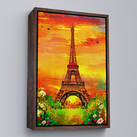 Altın Çerçeveli Eyfel Kulesi Yağlıboya Görünüm Dekoratif Kanvas Duvar Tablosu