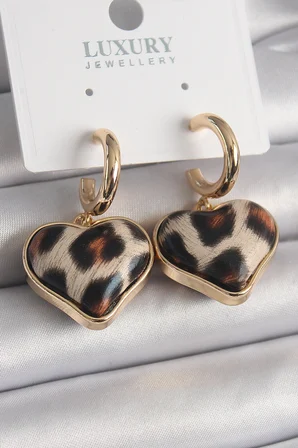 Pirinç Gold Renk 3D Kalp Leopar Model Kadın Küpe 5886