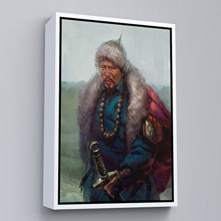 Kahverengi Çerçeveli Cengiz Han Moğol Ordular Komutanı Yağlıboya Dekoratif Kanvas Tablo