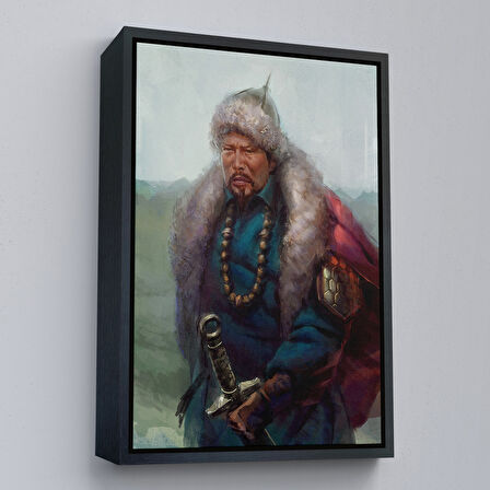 Siyah Çerçeveli Cengiz Han Moğol Ordular Komutanı Yağlıboya Dekoratif Kanvas Tablo