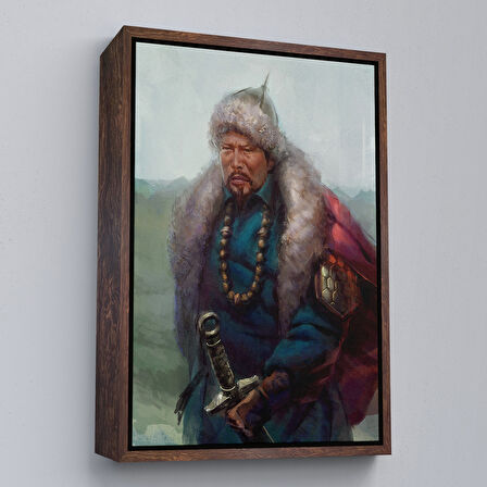 Siyah Çerçeveli Cengiz Han Moğol Ordular Komutanı Yağlıboya Dekoratif Kanvas Tablo