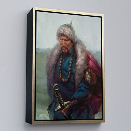 Siyah Çerçeveli Cengiz Han Moğol Ordular Komutanı Yağlıboya Dekoratif Kanvas Tablo