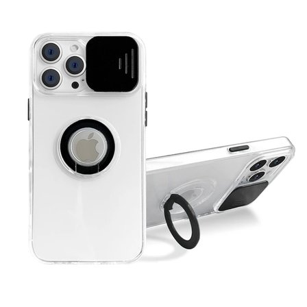 Ally iPhone 12 Pro Max Kılıf Sürgülü Kamera Lens Korumalı Yüzük Standlı Silikon Kılıf-(5775)