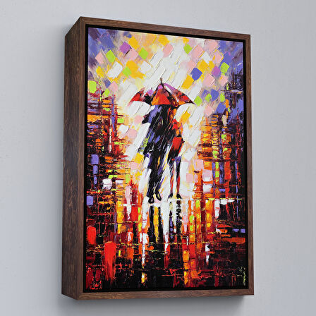 Kahverengi Çerçeveli Yağmurda Yürüyen Sevgililer Tablo