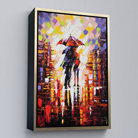 Kahverengi Çerçeveli Yağmurda Yürüyen Sevgililer Tablo