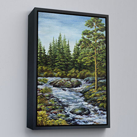 Siyah Çerçeveli Ormandan Akan Akarsu Tablo