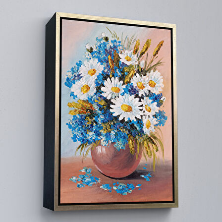 Altın Çerçeveli Vazodaki Mavi Betaz Çiçekler Tablo